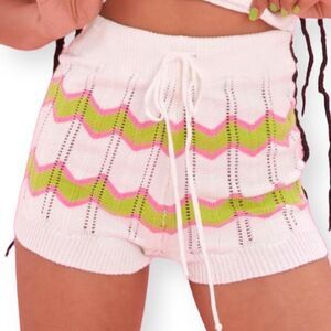 Dolls Kill Ivory Swirl Kiss Crochet Sweater Shorts High Waist Green Pink…